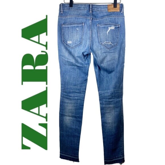 ZARA Basic Z1975 Distressed Busted Knee Mid-Rise Skinny Jeans Fringe Hem Size 4 - Picture 8 of 9